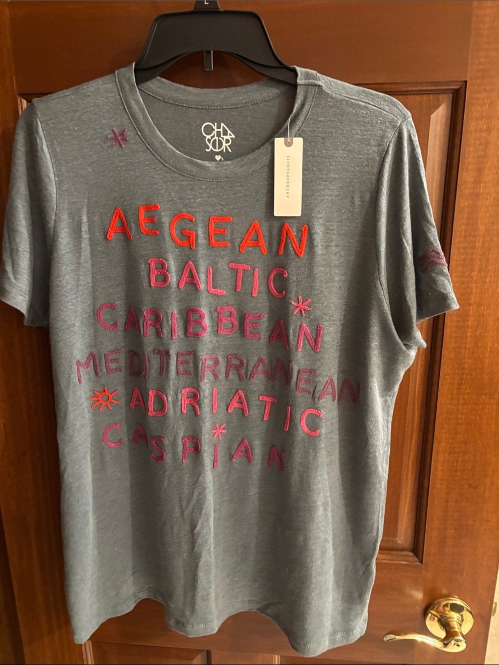 NWT Anthropologie S/S Tee with Red/Pink Embroidered Lettering, Sz XLarge